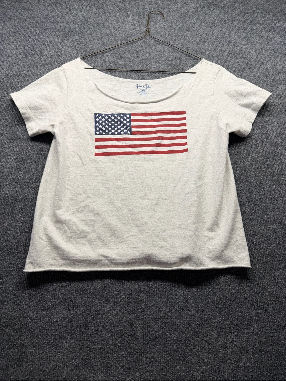 Brandy Melville Cream Short Sleeve Tee with Red & Blue Flag Graphic